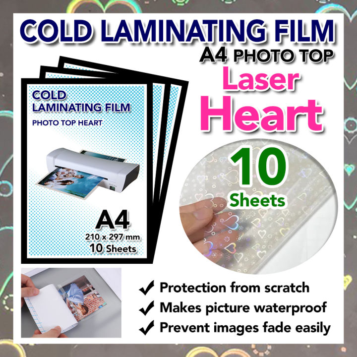 Cold Laminating Self Adhesive Film | A4 Heart | 10 Sheet | Photo Protect Waterproof Plastic Film | Photo Top Sticker Sheet Transparent Surface