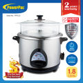 PowerPac 1.8L RICE COOKER WITH STAINLESS STEEL INNER POT FOOD STEAMER (PPRC32). 