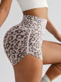 (preorder)High Waist Belly Tight Leopard Print Yoga Three-point Pants Women's Hip-lifting Tight Outer Wear Running Peach Fitness Shorts. 
