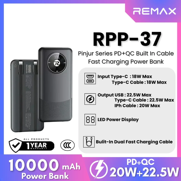 Remax - RPP-37 Pinjur Series 10000mAh PD+QC Bulit in Cable Fast ...