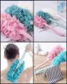 ရေချိုး ကျောတိုက်ဘရပ်(Bathroom Long Handle Hanging Soft Mesh Back Shower Scrubber Brush). 