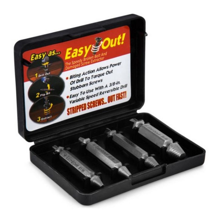 Clover 4pcs Damaged Screw Extractor Drill Bits Guide Set Broken Speed Out Easy out Bolt Stud Stripped Screw Remover Tool  [Zawgyi] ေခါင္းျပဳန္း ပ်က္စီးေနေသာ စကူျဖဳတ္တံ။  [Unicode] ခေါင်းပြုန်း ပျက်စီးနေသော စကူဖြုတ်တံ။