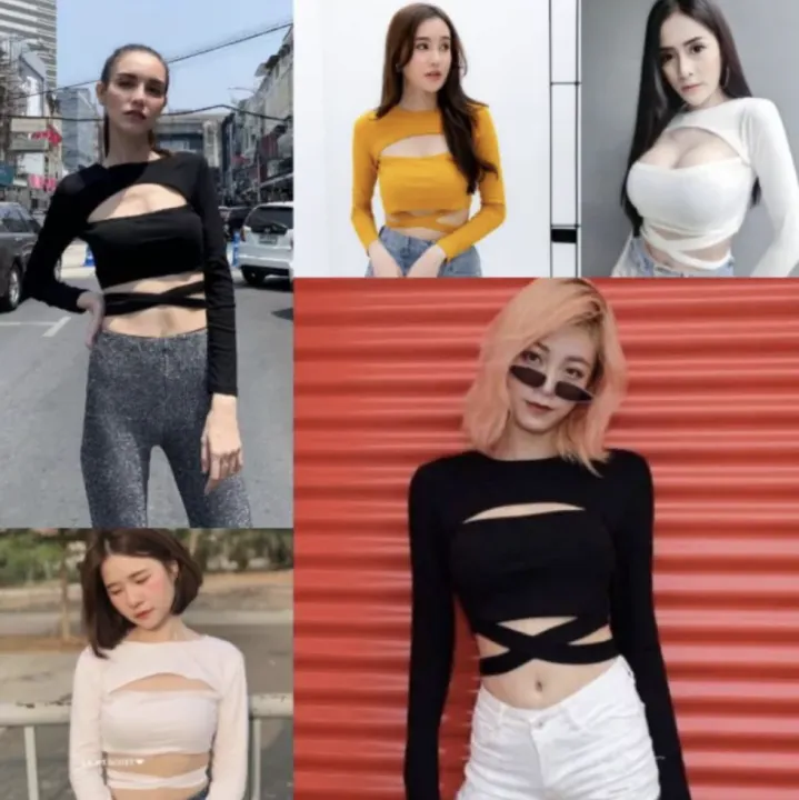Open-chest shirt with cross-waist straps Long-sleeve crop top Fashion Palace