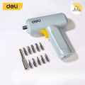 Deli screwdriver drill, screwdriver with 10 drill bits, has LED lights, lightweight, adjustable speed. 