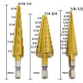 Clover 3 Pcs Hex Shank HSS Titanium Nitride Coated Step Drill Bits Set   [Zawgyi] တိုက္ေတနီယမ္ ႏိုက္ထရိုက္အုပ္ထားေသာ အေပါက္ခဲ့်စူးသြား ၃ ေခ်ာင္း တစုံ။  [Unicode] တိုက်တေနီယမ် နိုက်ထရိုက်အုပ်ထားသော အပေါက်ခဲျ့စူးသွား ၃ ချောင်း တစုံ။. 