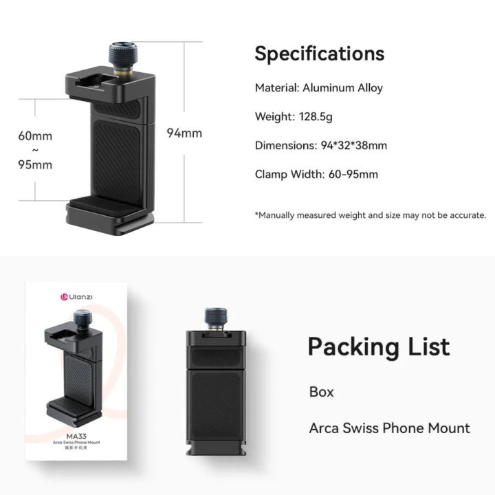 (Preorder)%20Ulanzi%20MA33%20Arca%20Swiss%20Phone%20Mount%20Quick%20Release%20Phone%20Holder%20with%20Cold%20Shoe%20Slot%20and%201/4%20Thread%20Built-in%20-%20Image%208