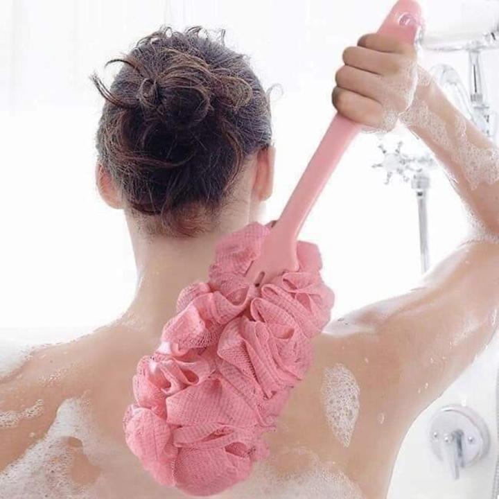 ရေချိုး ကျောတိုက်ဘရပ်(Bathroom Long Handle Hanging Soft Mesh Back Shower Scrubber Brush)