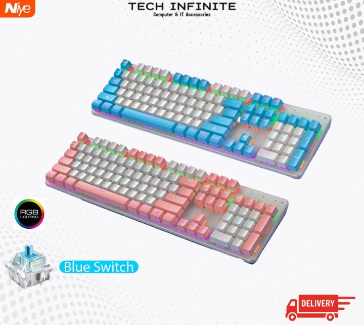 Tech Infinite【Mechanical Gaming Keyboard】 Wired Gaming Keyboard Blue Black Switch Mechanical Keyboard RGB Backlit 104 keys Anti-ghosting Laptop PC Gamer Pink Keyboards
