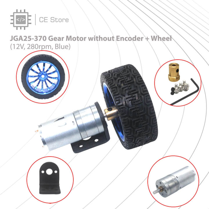 JGA25-370 Gear Motor without Encoder + Wheel (12V, 280rpm, Blue) - CE ...
