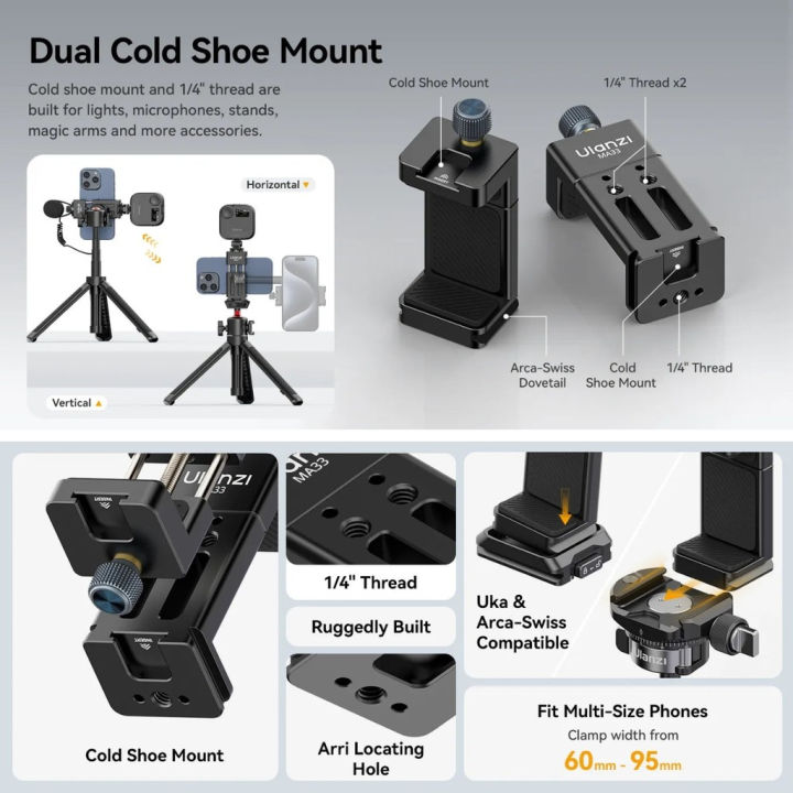 (Preorder)%20Ulanzi%20MA33%20Arca%20Swiss%20Phone%20Mount%20Quick%20Release%20Phone%20Holder%20with%20Cold%20Shoe%20Slot%20and%201/4%20Thread%20Built-in%20-%20Image%204