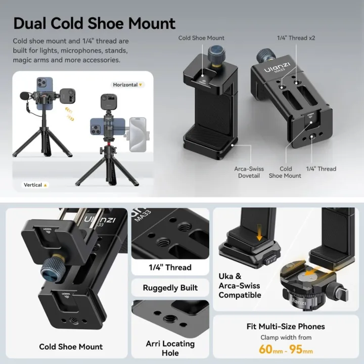 (Preorder)%20Ulanzi%20MA33%20Arca%20Swiss%20Phone%20Mount%20Quick%20Release%20Phone%20Holder%20with%20Cold%20Shoe%20Slot%20and%201/4%20Thread%20Built-in%20-%20Image%204