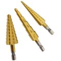 Clover 3 Pcs Hex Shank HSS Titanium Nitride Coated Step Drill Bits Set   [Zawgyi] တိုက္ေတနီယမ္ ႏိုက္ထရိုက္အုပ္ထားေသာ အေပါက္ခဲ့်စူးသြား ၃ ေခ်ာင္း တစုံ။  [Unicode] တိုက်တေနီယမ် နိုက်ထရိုက်အုပ်ထားသော အပေါက်ခဲျ့စူးသွား ၃ ချောင်း တစုံ။. 