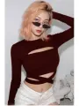 Open-chest shirt with cross-waist straps Long-sleeve crop top Fashion Palace. 