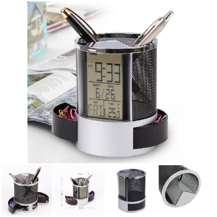 Alarm Clock Pen Pencil Holder Desk Organizer