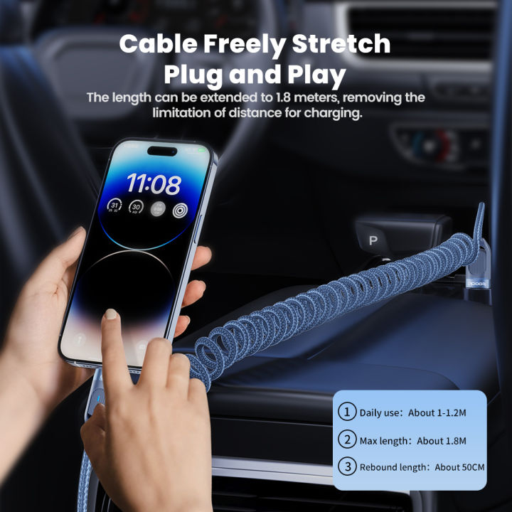 (Preorder)%C2%A0%20Toocki%20Retractable%20Spring%20USB%20Data%20Cable%20LOS%20Fast%20Charging%20USB%20Cable%201.8m%20LED%20Indicator%20Light%20for%20Samsung%20Xiaomi%20Huawei%20-%20Image%204