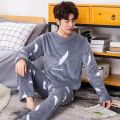 Men Flannel Pajamas Set Casual Home Clothing Winter Long Sleeve Round Neck Cartoon Men's Sleepwear Pjamas Homme Nightclothes. 