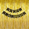 Golden foil Curtains 2 Pcs +Happy Birthday Black  Bunting Banner Decoration. 