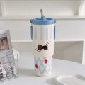 Portable 900ML Thermal Mug With Straw/Handle Large Capacity Straw Cup 201 Stainless Steel Vacuum Cup. 