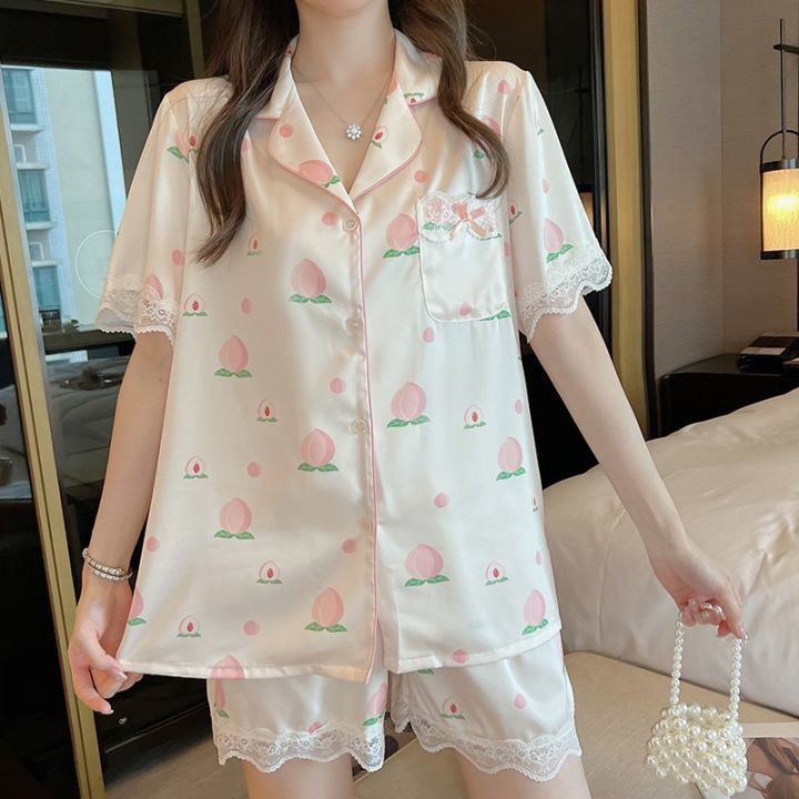 New%20summer%20ice%20silk%20sweet%20peach%20lace%20pajamas%20women's%20summer%20short%20sleeve%20trousers%20can%20be%20worn%20over%20the%20loungewear%20set%20-%20Image%207