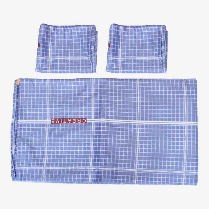 Blue Color Japanese Cotton Checked Printed Design 3Pcs Set Bedsheet/Pillow Cover King Size 225x240cm