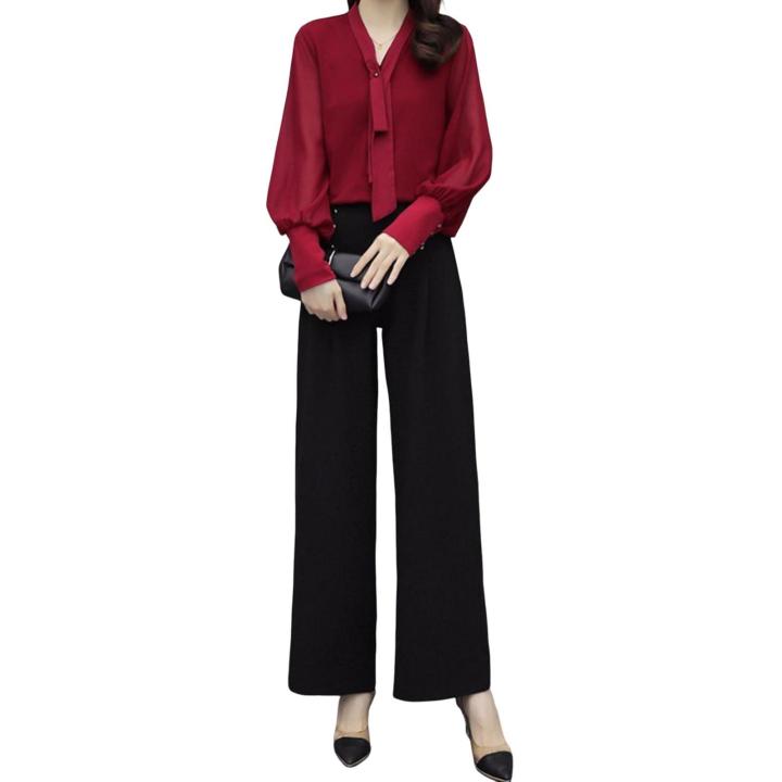 DESCENTE Women Casual Two-piece Set Chic Ol Commuting Outfit Set V Neck  Shirt Wide Leg Pants for Business Office 2 Pcs/set Wide Leg Trousers |  Daraz.com.np