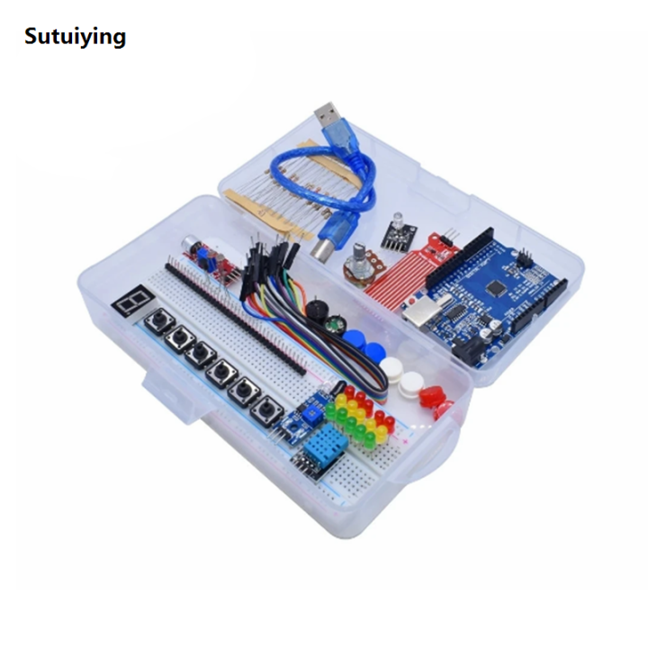 Sutuiying Starter Kit for Arduino Uno R3 Breadboard Basic simple learning Fashion kit, sound/water level/humidity/distance detection, LED control