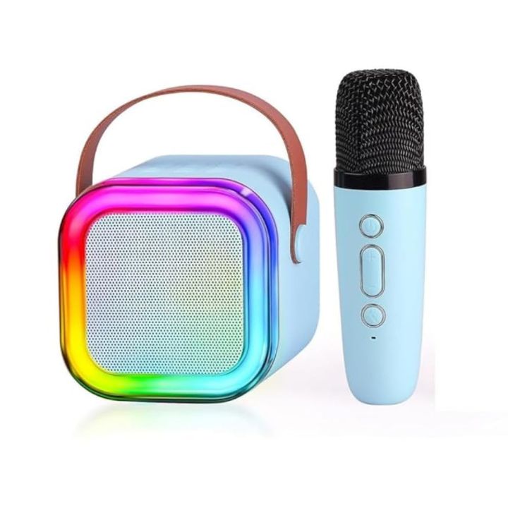 K12 Colorful Bluetooth Speaker with Karaoke Mic System for Home Singing Magic Ai Voice Changer Portable Mini Wireless Speaker with Mike for House Parties Birthday Gifts Events (Retro Jam)- Blue