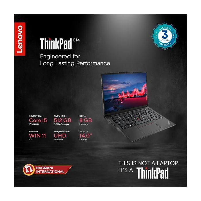 Lenovo Thinkpad E14 - 13th Gen, Intel I5 1335U, 14" IPS WUXGA, 8GB DDR4 RAM, 512GB NVMe SSD, Backlit KB, Windows 11, 3 Year Warranty | NAGMANI INTERNATIONAL