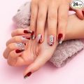 24 Pcs Behuli Artificial Reusable Nails – Maroon Glitter & Floral Design Press-On Nails for Women. 