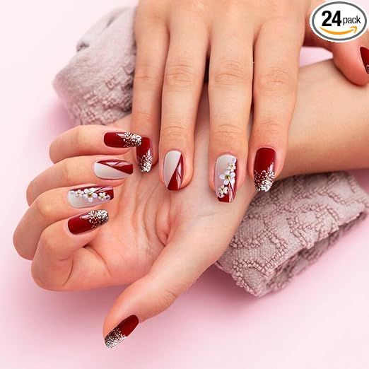 24 Pcs Behuli Artificial Reusable Nails – Maroon Glitter & Floral Design Press-On Nails for Women