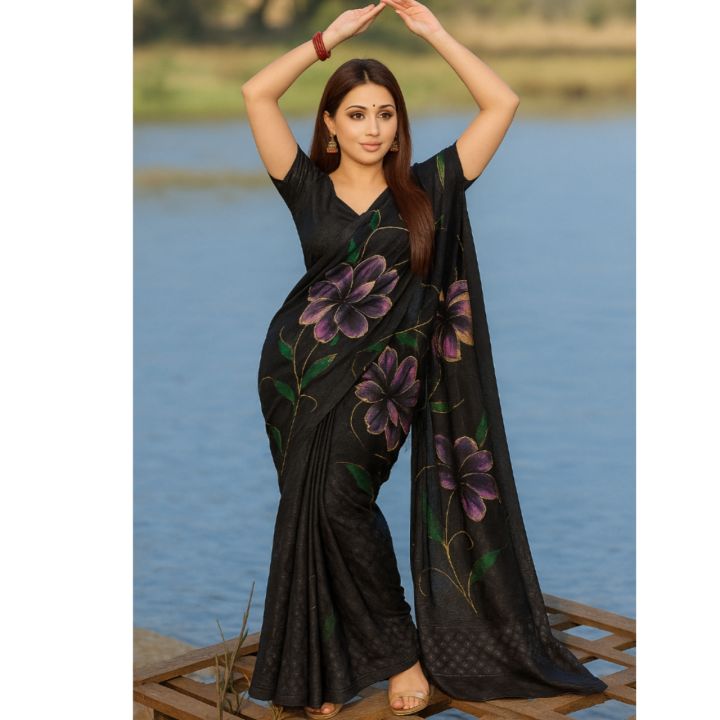 Printed Chiffon Saree for Women - Fashionable Design with Separate Blouse Piece