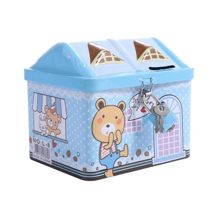 Children's Savings Metal House Shape with Key Lock Creative House Coin ...