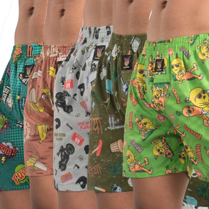 ONE HORN - New Edition (multiple prints): Nepali themed Boxer Shorts for Men | 60*60 Thread Count | 100% Premium Cambric Cotton | Without Pocket