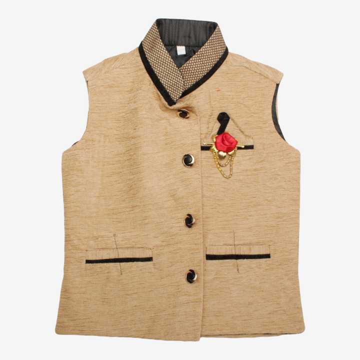 Gold Color Cotton  Plain Design Modi Coat For Kids with Broach
