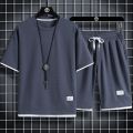 Waffle short sleeve t-shirt men's casual sportswear wholesale summer loose two-piece half-sleeved t-shirt two-piece set. 
