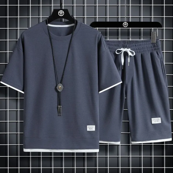 Waffle%20short%20sleeve%20t-shirt%20men's%20casual%20sportswear%20wholesale%20summer%20loose%20two-piece%20half-sleeved%20t-shirt%20two-piece%20set%20-%20Image%202