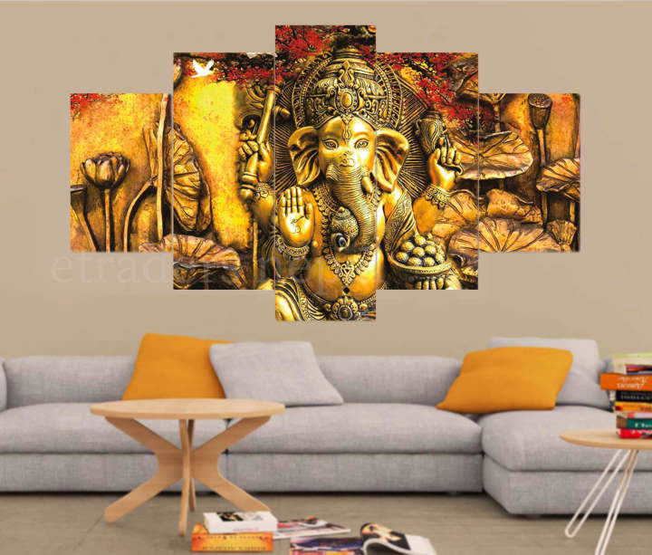 5 Panel Lord Ganesh Canvas | Wall | Home Decor | Canvas | Wall Art With Frame Inside By Etraders Nepal