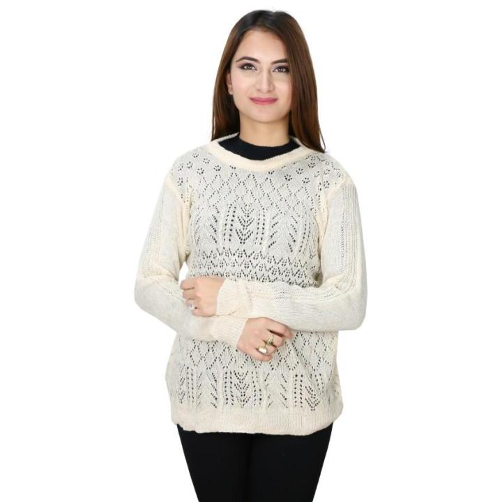 Cream Knitted Sheer Sweater For Women