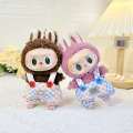 Clothing Only] 17cm Blind Box Doll Keychain Labubu Plush Toy Clothes Pink and White Plaid Overalls Cute. 