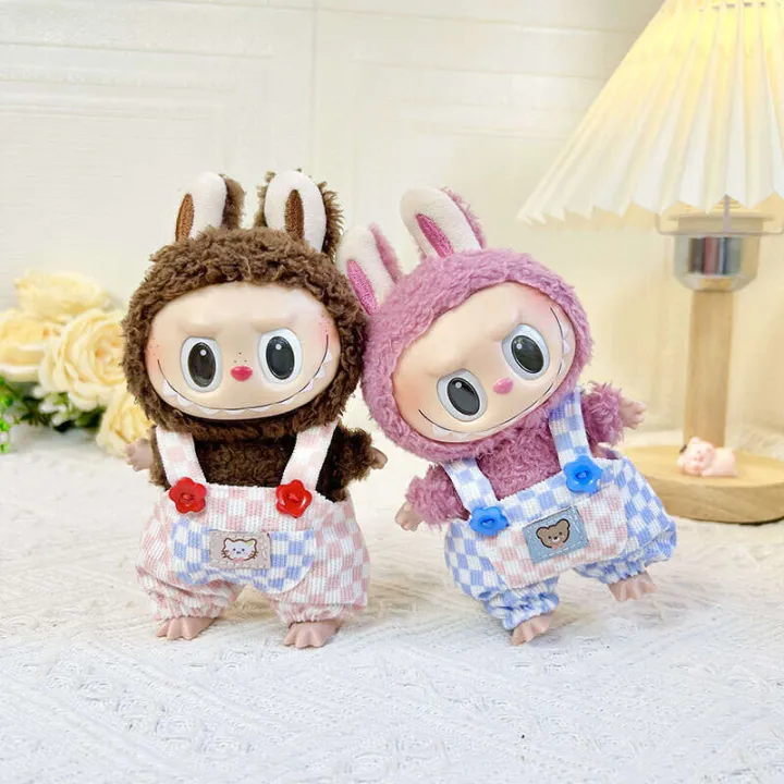 Clothing%20Only%5D%2017cm%20Blind%20Box%20Doll%20Keychain%20Labubu%20Plush%20Toy%20Clothes%20Pink%20and%20White%20Plaid%20Overalls%20Cute%20-%20Image%203