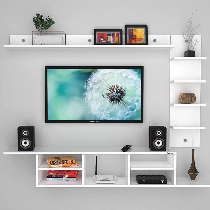 KAMAKHYA DECOR TV Entertainment Unit, TV Cabinet with Wall Shelves, Wall Mounted TV Unit, TV Cabinet with Shelf (White) - Ideal for Up To 52"