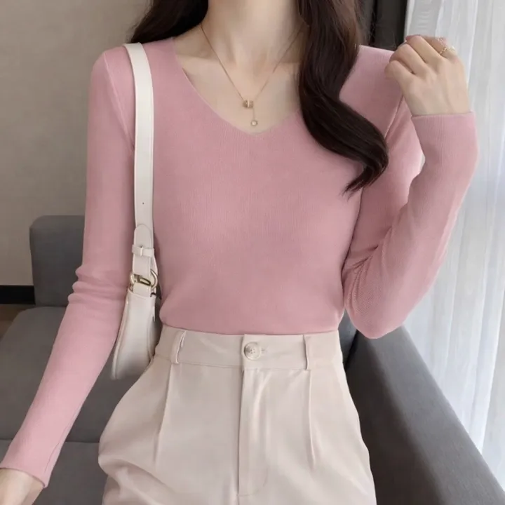 T-Shirt%20For%20Women%20All-Season%20Ribbed%20Knit%20Casual%20V-Neck%20Full%20Sleeve%20Top%20Multiple%20Colors%20-%20Image%204