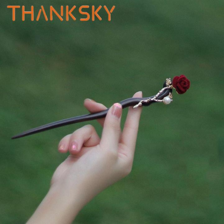 Headdress Red Rose Chinese Hair Stick Retro Handmade Flower Hair Forks Wooden with Tassel Hair Bun Hanfu Party