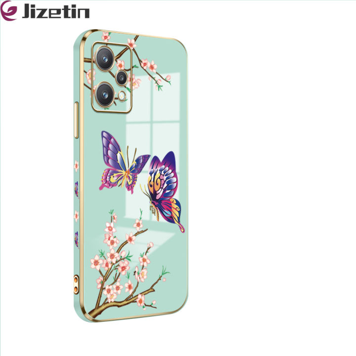 Jizetin for Realme 9 Pro / OnePlus Nord CE 2 Lite 5G Back Cover With Free Lanyard Flowers Butterfly 6D Plating Silicone Phone Case