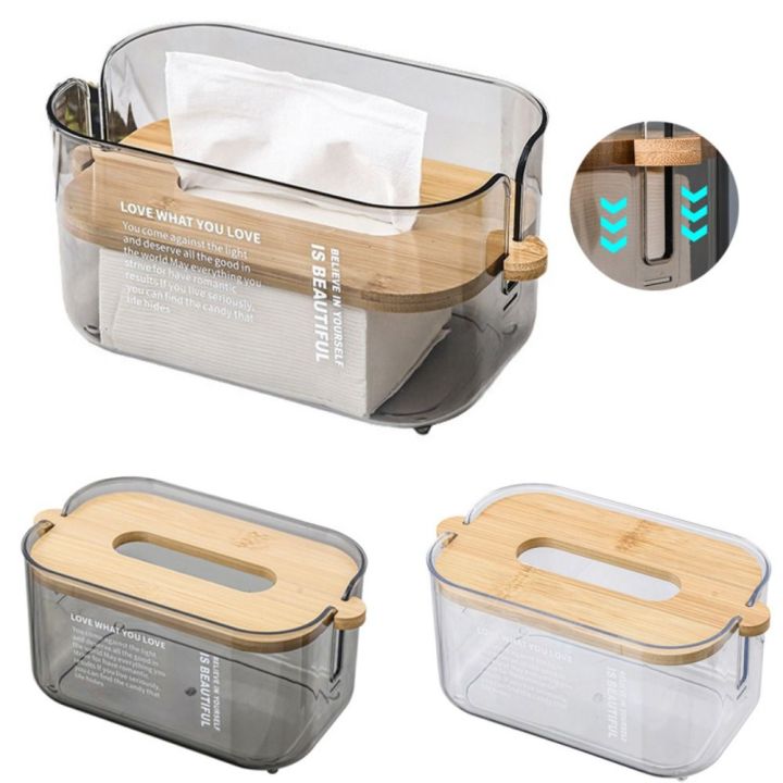 New Transparent Automatic Descent Tissue Box Bamboo Lid Large Capacity Tissue Holder Creative Dustproof Paper Towel Storage Box