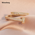 Wenefang Luxurious Wooden Nail Modeling Design Shiny Zircon Gold Silver Color Ring Women's Men Open-Loop Elegant Temperament Accessories. 