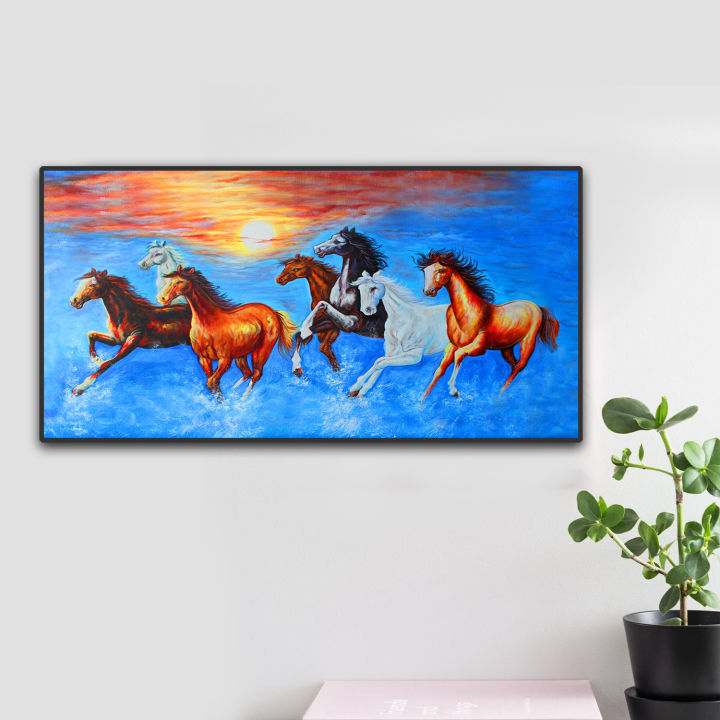 Seven Horse Vastu Art Printed in Hard Wood Frame