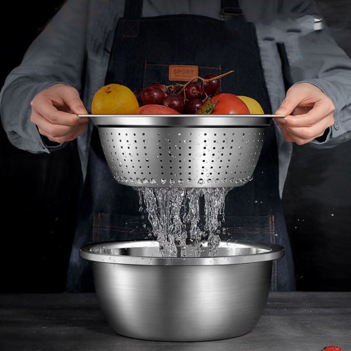3 In 1 Stainless Steel Kitchen Colander Strainers Vegetable Basin Fruit Basket