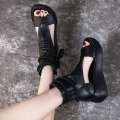 2025 New Bohemian Womens Leather Sandals - Retro Brown Chunky Wedge Peep-Toe Ankle Wrap Espadrille Summer Shoes. 
