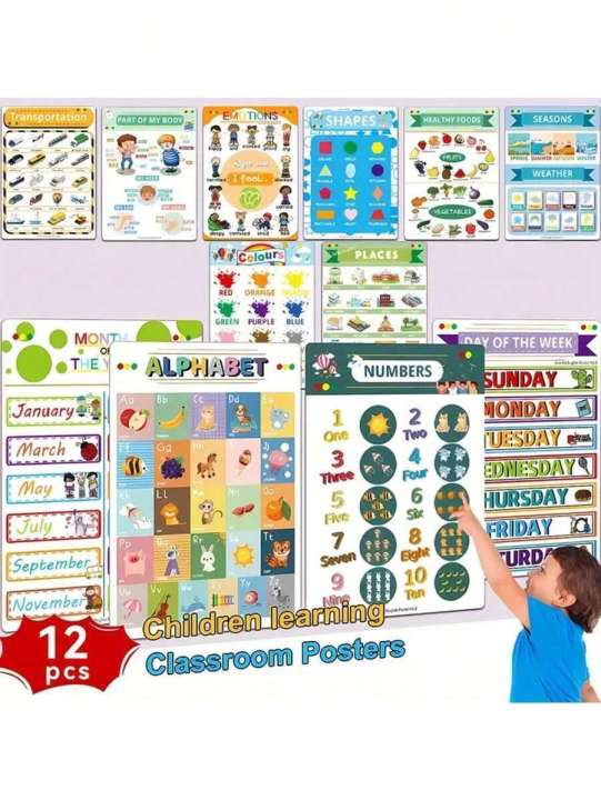 12 Pcs Educational Posters For Kids - Laminated Learning Charts, ABC Alphabet Posters, Numbers, Weather, Colors, Geometric Shapes. Transportation Vehicle Awareness Pre-School Home School Supplies, Preschool Classroom Wall Decors